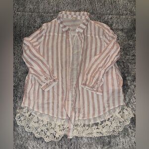 Striped Pink and White Kids Shirt with Lace Trim